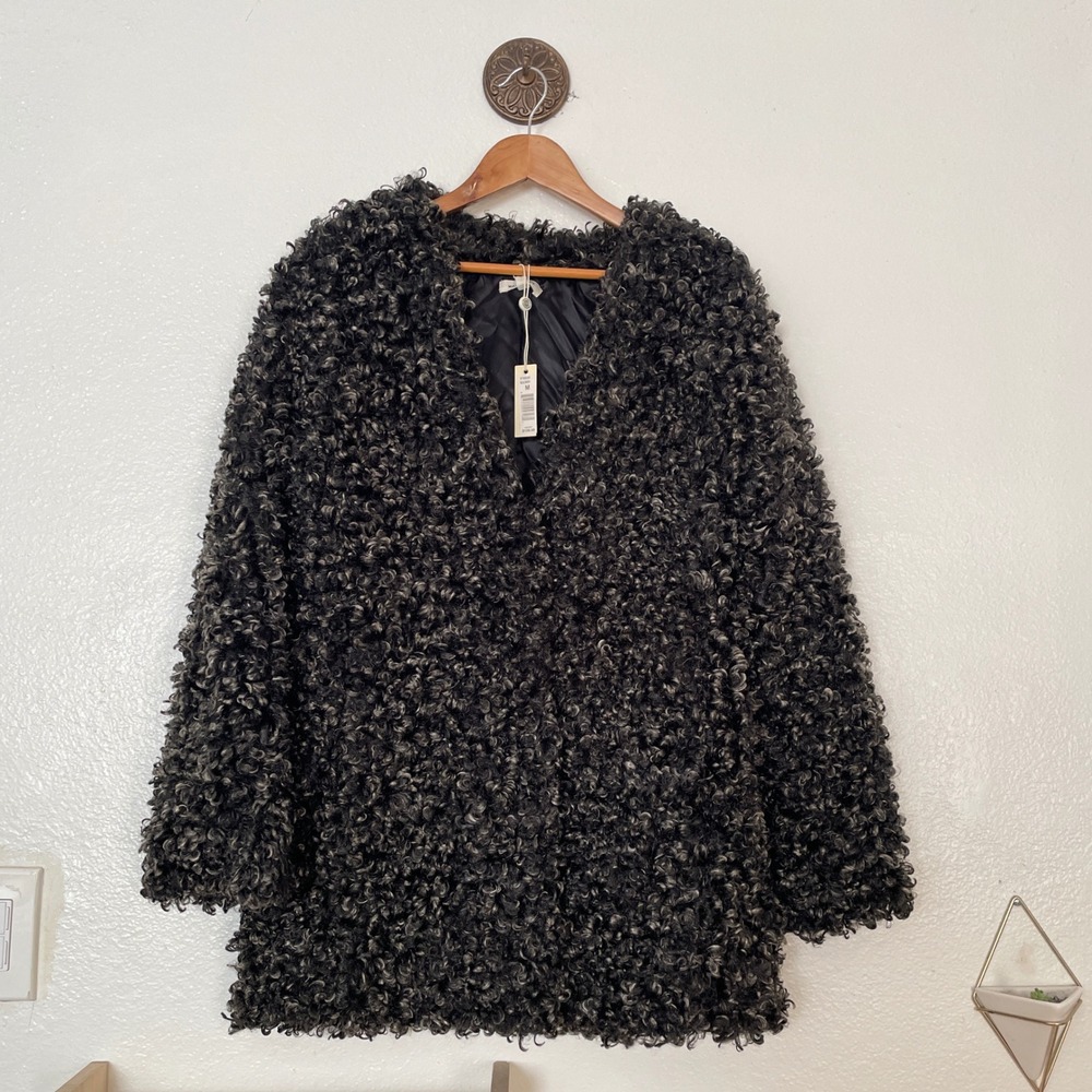 Max Studio Faux Fur Coat Womens Medium Black White Curly Teddy Jacket